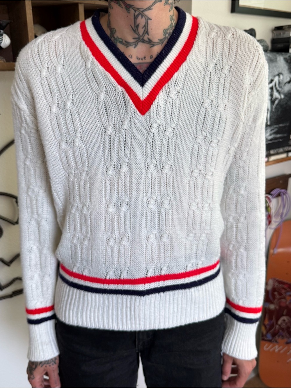Vintage 50s 60s Cable Knit V-Neck Cricket Knit Sweater ~ Size Small